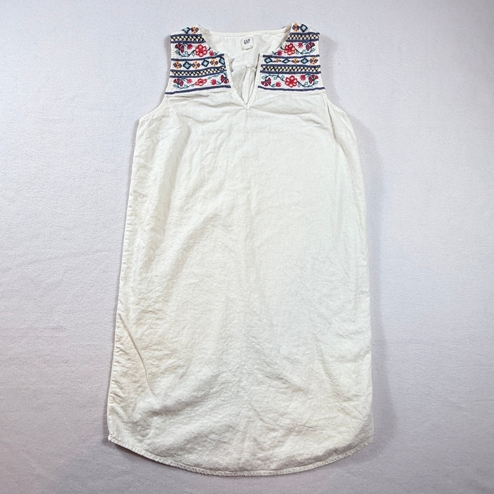 Gap Shift Dress Womens XS White Embroidered Linen Blend Boho Peasant Folk Beachy